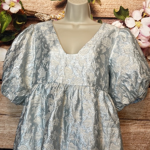 Puff Sleeve Jacquard Silver Blue Dress - Picture 6 of 13